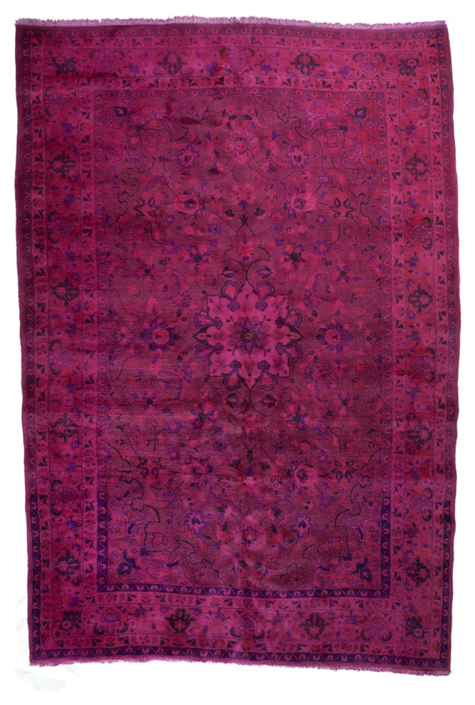 Vintage Style Overdyed Floral Persian Hot Pink Fuchsia Rug, 6.67'x10.16'