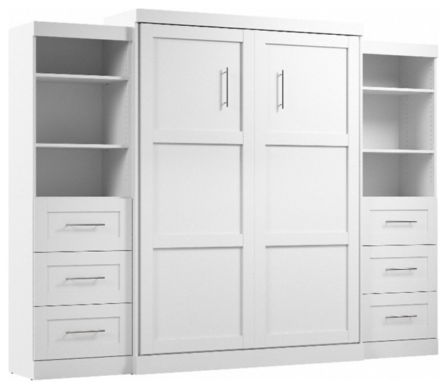 Bestar Pur Queen Murphy Bed and 2 Shelving Units with Drawers (115W) in White