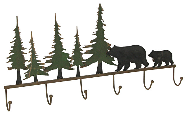 22 Inch Brown Metal Black Bear Family Coat Hanger Towel Holder Wall Mounted Hoo