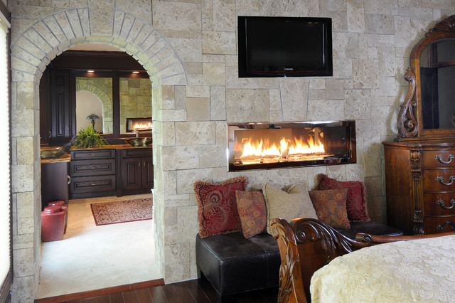 Two Sided Fireplace In Master Bedroom And Master Bathroom