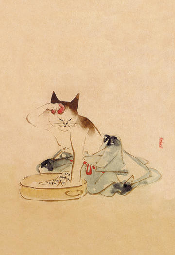 Japanese Cat Bathing 28x42 Giclee on Canvas