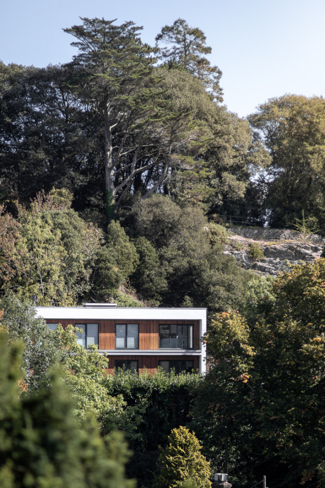 Inspiration for a large and white contemporary front detached house in Devon with three floors, wood cladding, a flat roof, a mixed material roof, a grey roof and shiplap cladding.