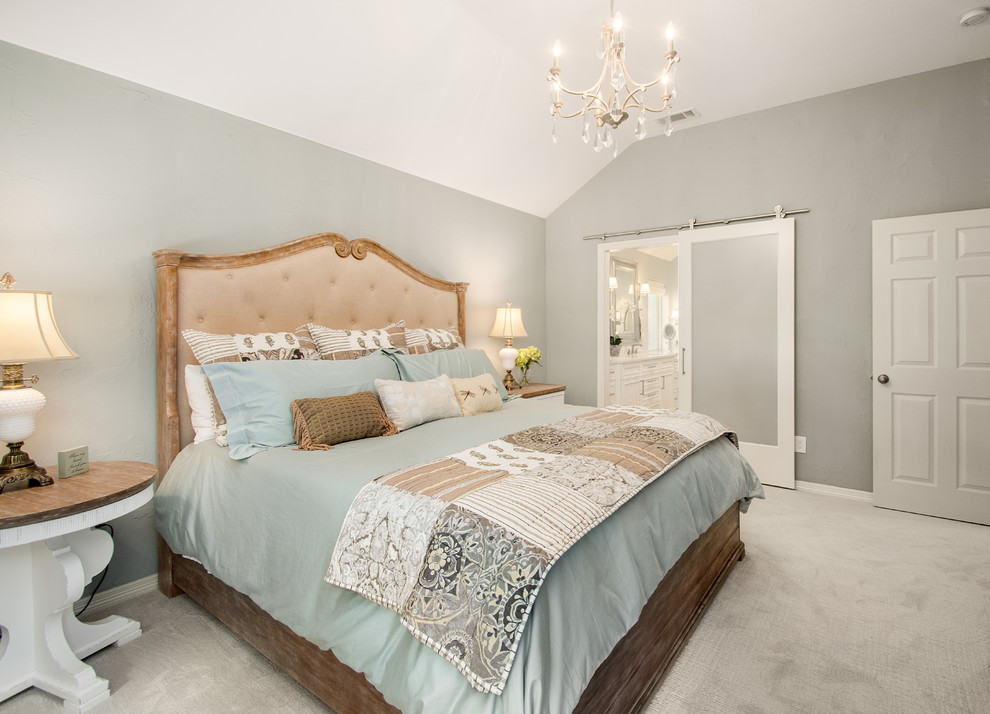 Inspiration for a mid-sized transitional master bedroom in Dallas with grey walls, carpet and beige floor.