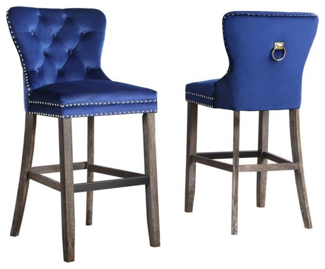 Maklaine Rustic Navy Blue Velvet Bar Stools w/ Chrome Handle & Footrest