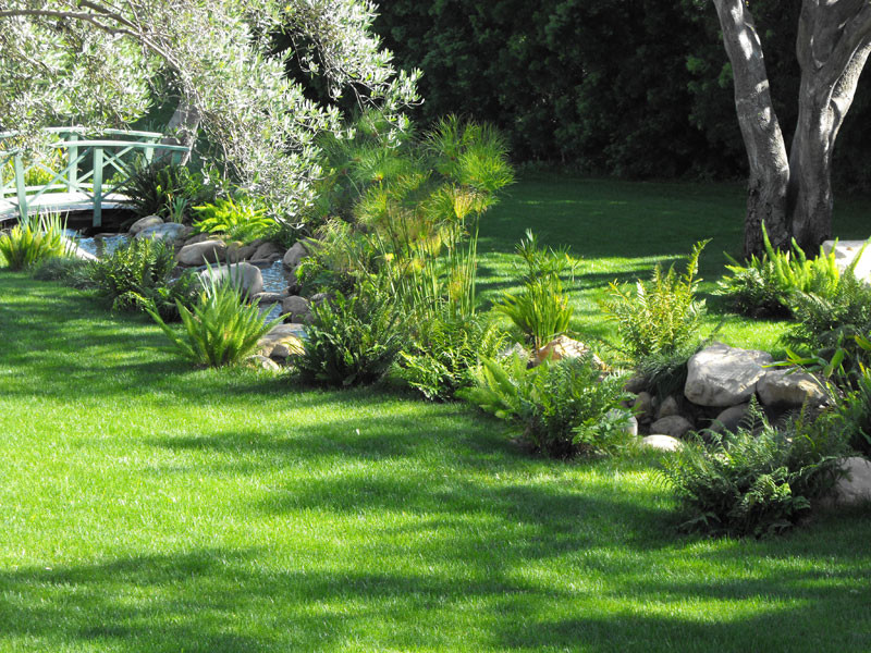 Inspiration for a large mediterranean backyard partial sun garden in Santa Barbara with a water feature.