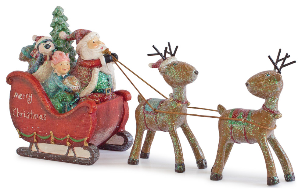 Santa In Sleigh With Reindeer Traditional Holiday Accents And