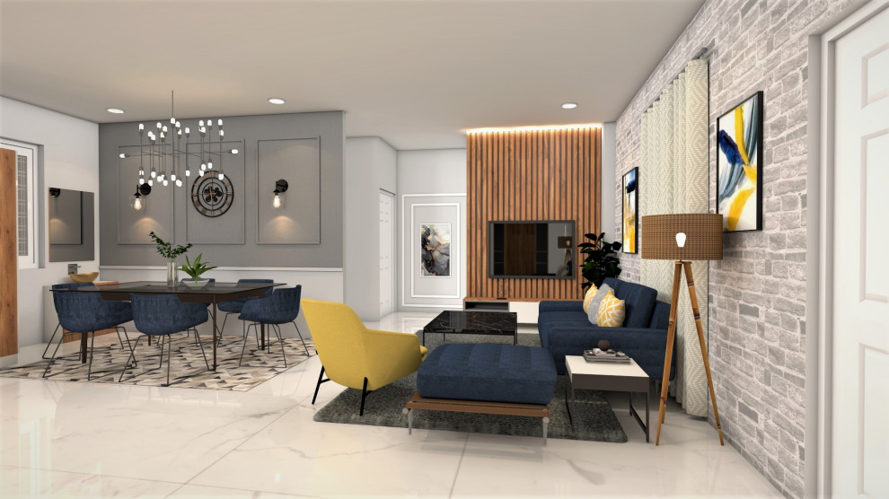 brick wall design Modern Living Room Hyderabad by Peacock Lane