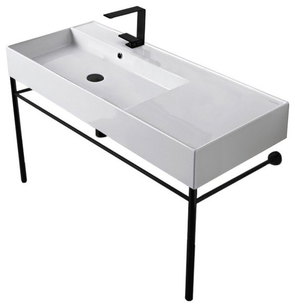 Ceramic Console Sink and Matte Black Stand Contemporary Bathroom