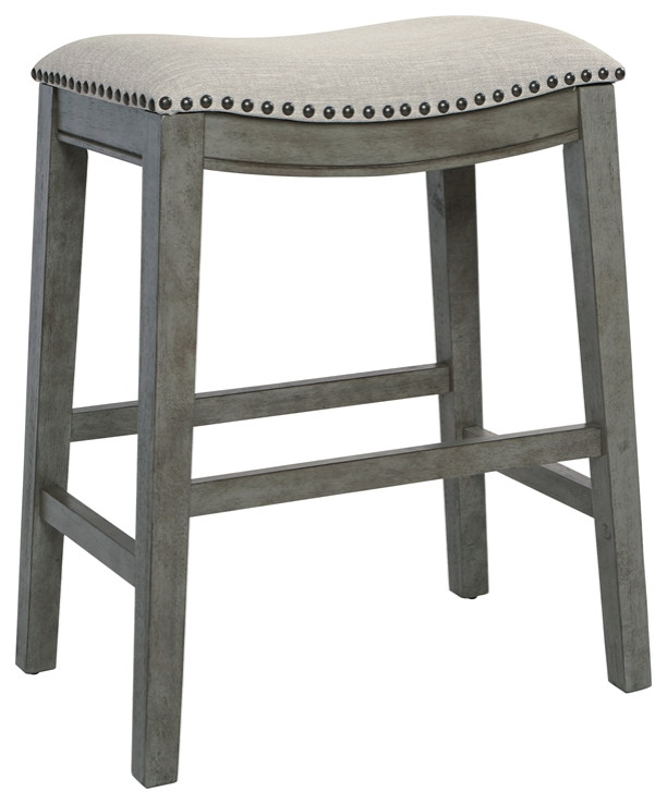 Saddle Wood Stool 24" Gray Fabric and Antique Gray Base and Nailheads 2