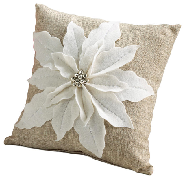 White Poinsettia Felt Holiday Design Decorative Throw Pillow