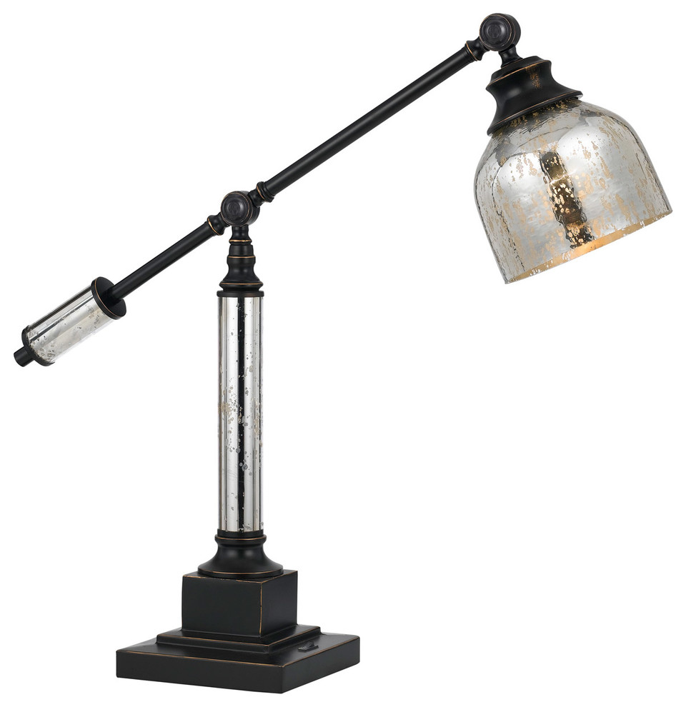 Dark Bronze Dawson 1-Light Swing Arm Desk Lamp with Antique Glass Shade