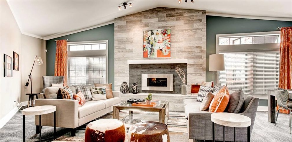Inspiration for a large contemporary formal open concept living room in Denver with orange walls, carpet, a ribbon fireplace, a tile fireplace surround, no tv and blue floor.