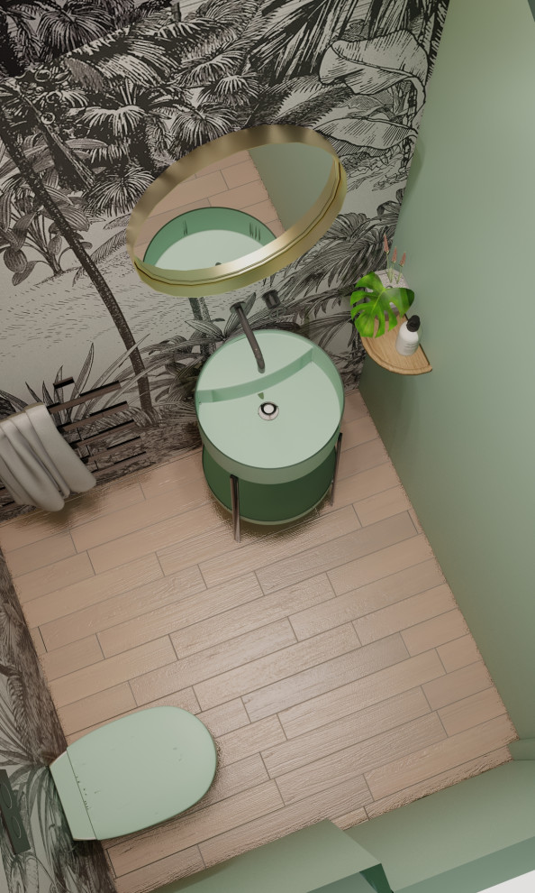 Idéer för ett modernt badrum, med en toalettstol med hel cisternkåpa, gröna väggar och ett piedestal handfat