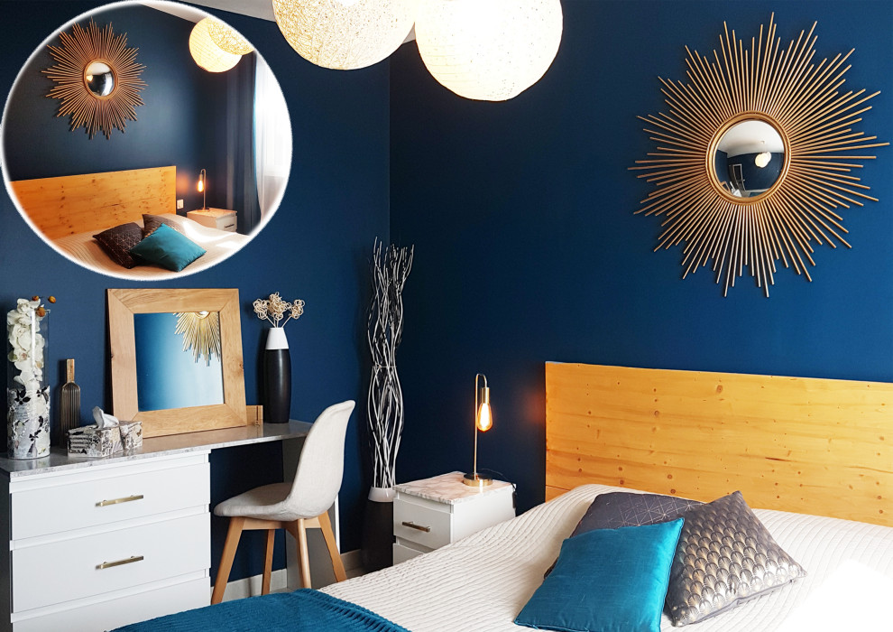 Inspiration for a small eclectic master bedroom in Marseille with blue walls, ceramic floors, no fireplace and beige floor.
