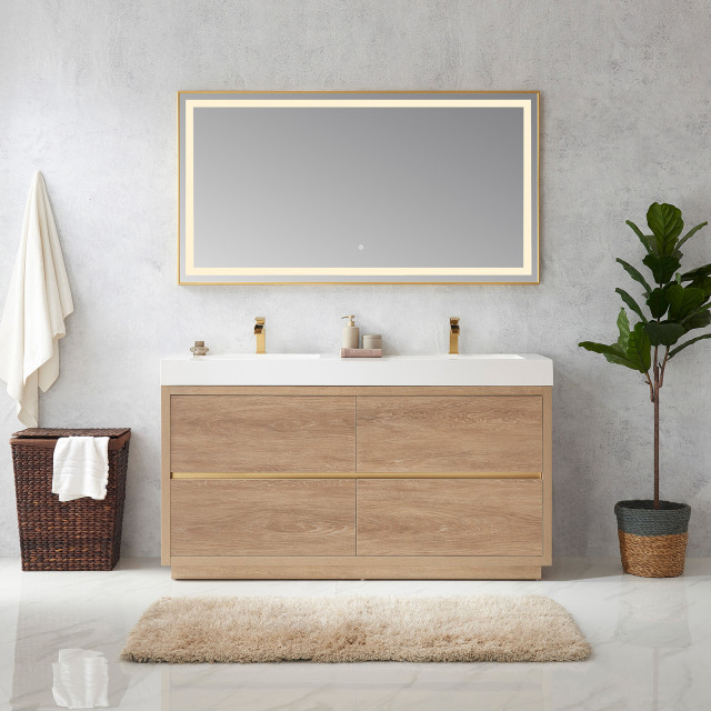 Huesca Bath Vanity in North American Oak, 60" Double Sink, With Mirror