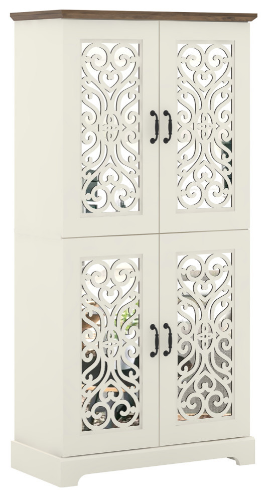 Agelyca Ivory with Knotty Oak Wood 4 Door Pantry Kitchen Cabinet ...