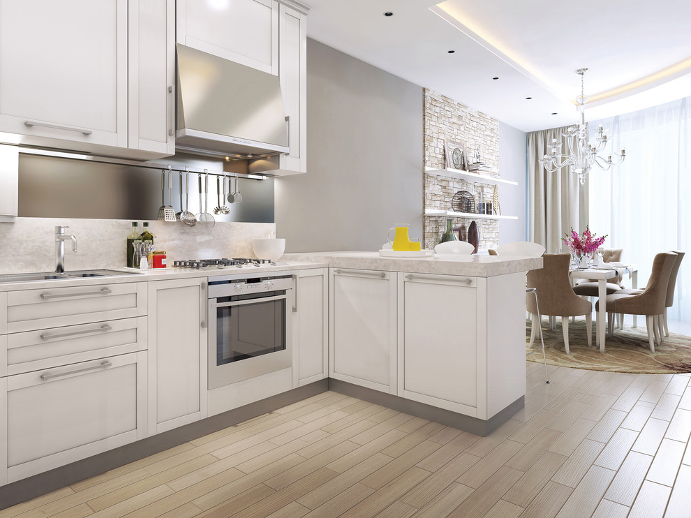 Design ideas for a mid-sized contemporary l-shaped eat-in kitchen in Sydney with a double-bowl sink, shaker cabinets, beige cabinets, quartz benchtops, beige splashback, stone slab splashback, stainless steel appliances, ceramic floors, no island and brown floor.
