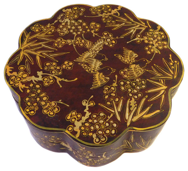 Chinese Brown Lacquer Flower Shape Scenery Painting Box Asian
