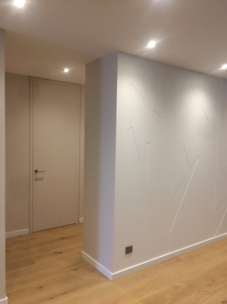 Couloir?[Aménagement de couloir With un mur blanc and parquet clair.]:[Aménagement de couloirs With un mur blanc and parquet clair.]