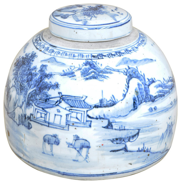 Village Ceramic Lidded Decorative Urn Asian Decorative Jars