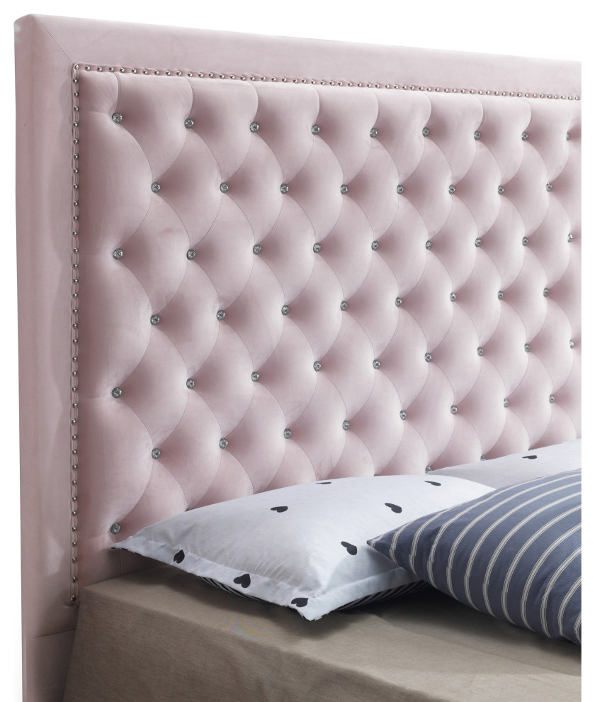 Brady Home Pink Jewel Tufted King Bed Midcentury Panel Beds by