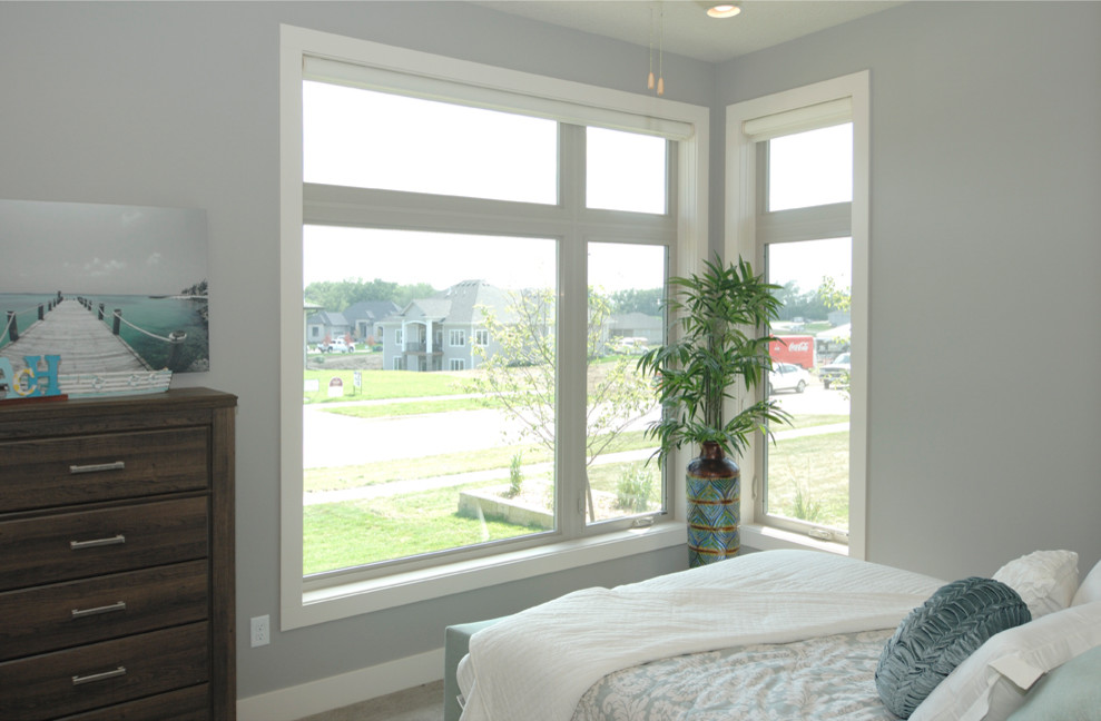 Example of a mid-sized transitional guest carpeted bedroom design with gray walls and no fireplace