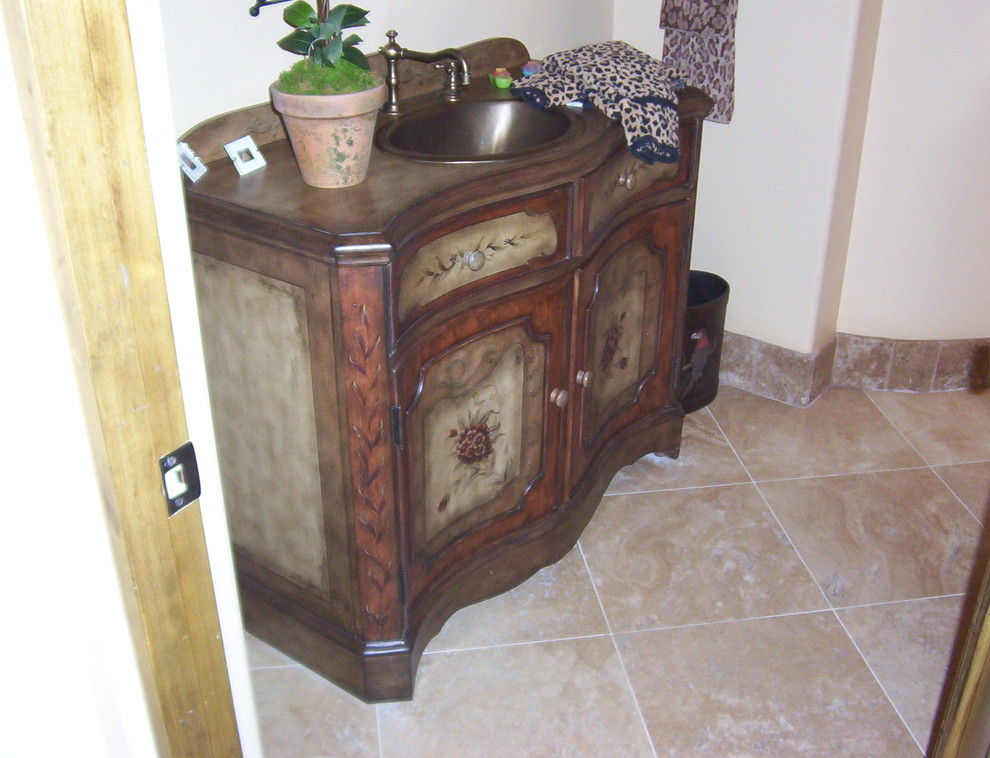 Bathroom - rustic 3/4 bathroom idea in Phoenix with furniture-like cabinets, brown cabinets and wood countertops