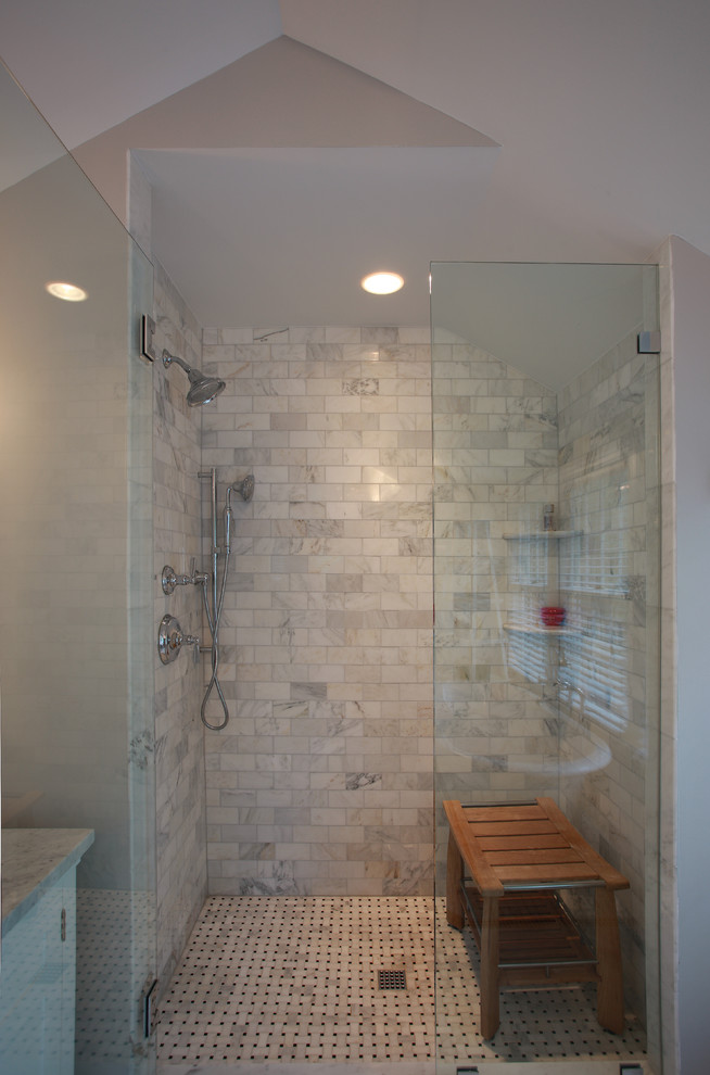 Design ideas for a transitional bathroom in DC Metro with an undermount sink, recessed-panel cabinets, white cabinets, a freestanding tub, an alcove shower, gray tile, grey walls and ceramic floors.
