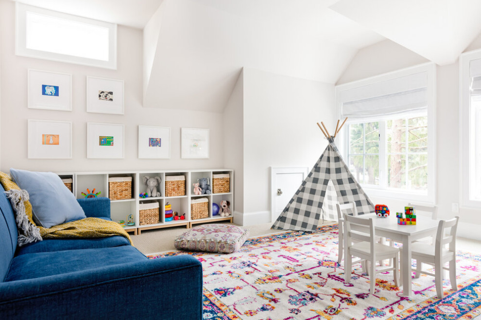 Mid-sized contemporary gender-neutral kids' bedroom in Seattle with carpet.