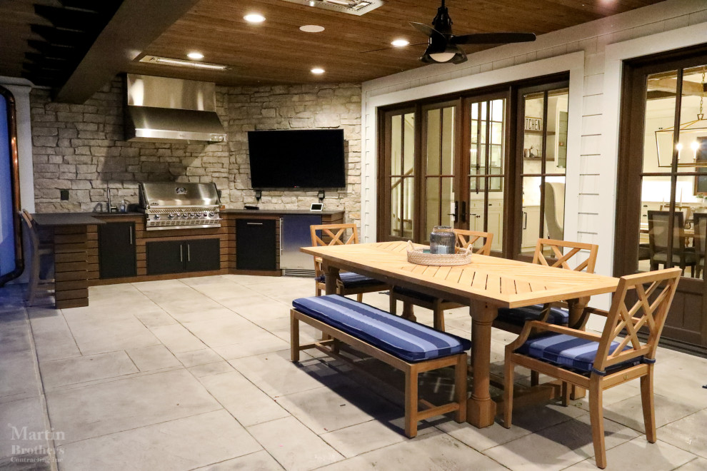 Covered Patio - Patio elevation featuring cedar gable brackets, Celect Board & Batten and D7 Shake siding in white; Boral trim boards; cedar lined ceilings; cedar brackets; copper gutters and downspouts; metal roofs and GAF Slateline English Gray Slate roofing shingles. Buechel Stone Fond du Lac Cambrian Blend stone on wall. Napoleon BIPRO 665 Gas Grill and FireMagic vent hood. Weatherproof cabinets from Challenger Designs. 

General contracting by Martin Bros. Contracting, Inc.; Architecture by Helman Sechrist Architecture; Home Design by Maple & White Design; Photography by Marie Kinney Photography.

Images are the property of Martin Bros. Contracting, Inc. and may not be used without written permission.