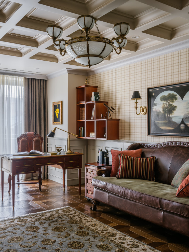 Inspiration for a large traditional study room in Moscow with beige walls, dark hardwood floors, a freestanding desk, brown floor, coffered and panelled walls.