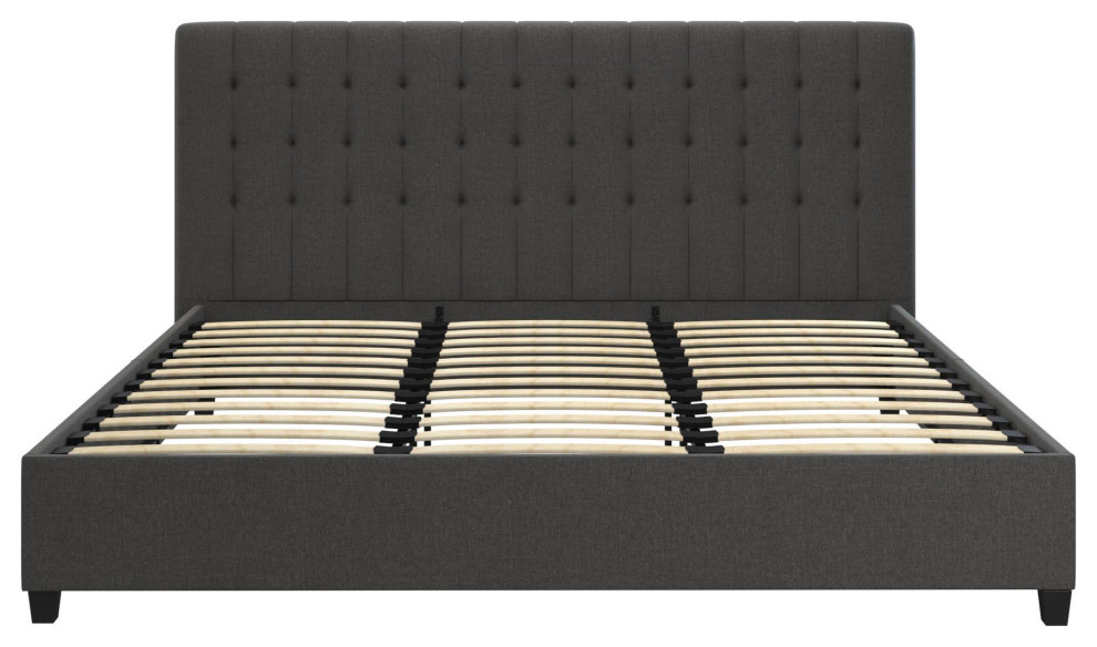 King Platform Bed, Bentwood Slats & Tufted Linen Upholstered Headboard