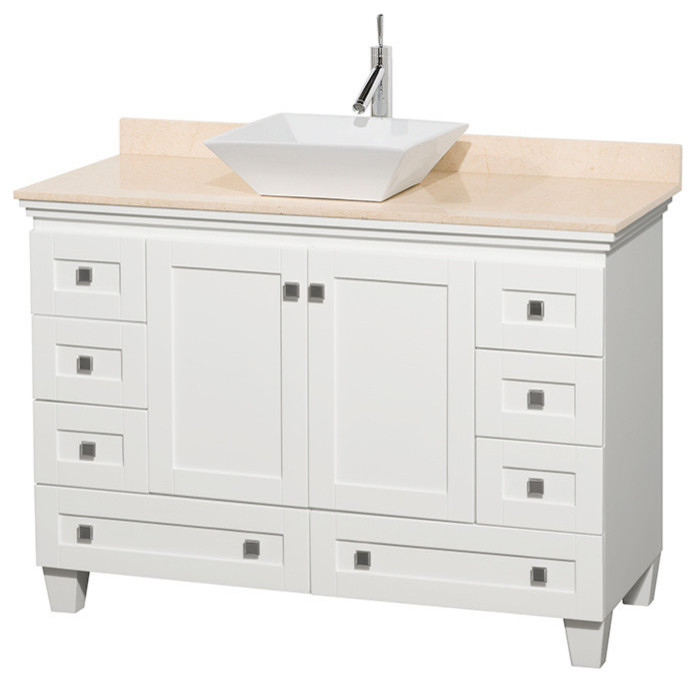 Single Bathroom Vanity, White, Ivory Marble Countertop, Sink and No Mirror, 48"
