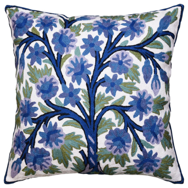 Indigo Blue Floral Pillow Cover Tree of Life Bloom Hand embroidered