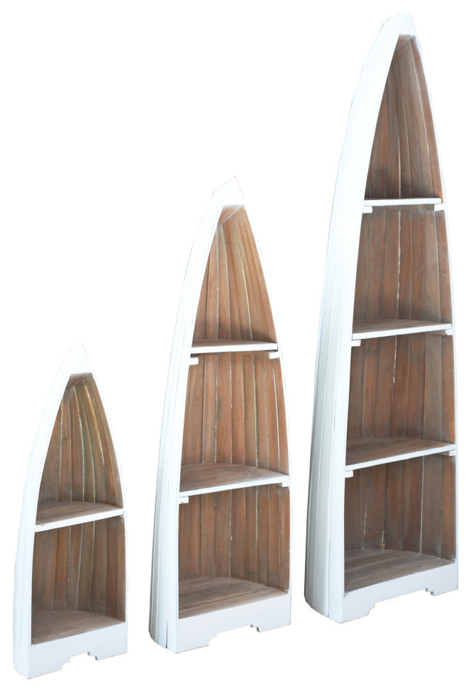 3 Piece Boat Shaped Freestanding Shelves, White/Driftwood Brown Solid