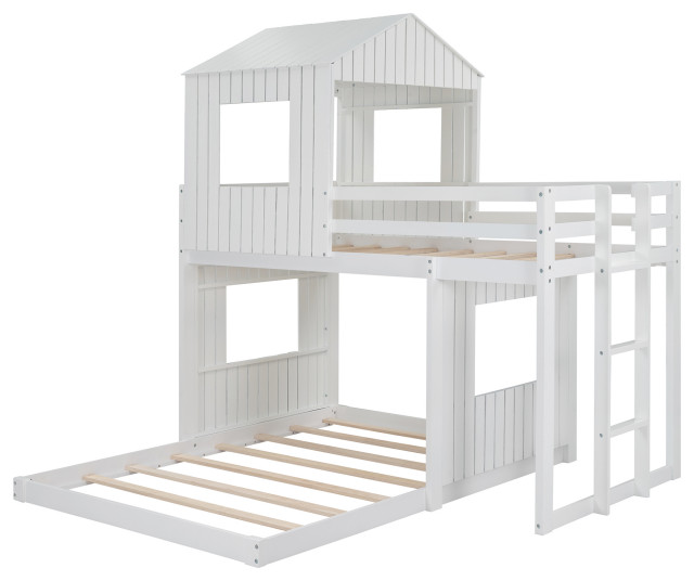 Gewnee Wooden Twin Over Full Bunk Bed Loft Bed with Playhouse in White