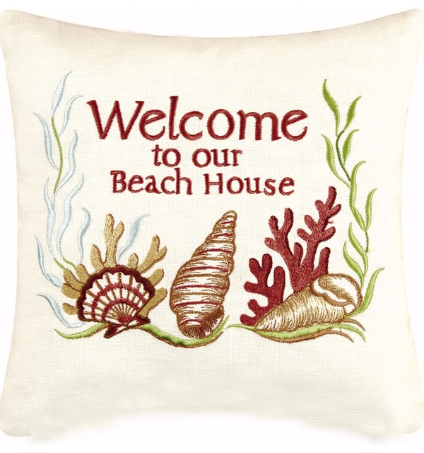 Welcome To Beach House 10 Inch Coastal Seashells Linen Embroidered