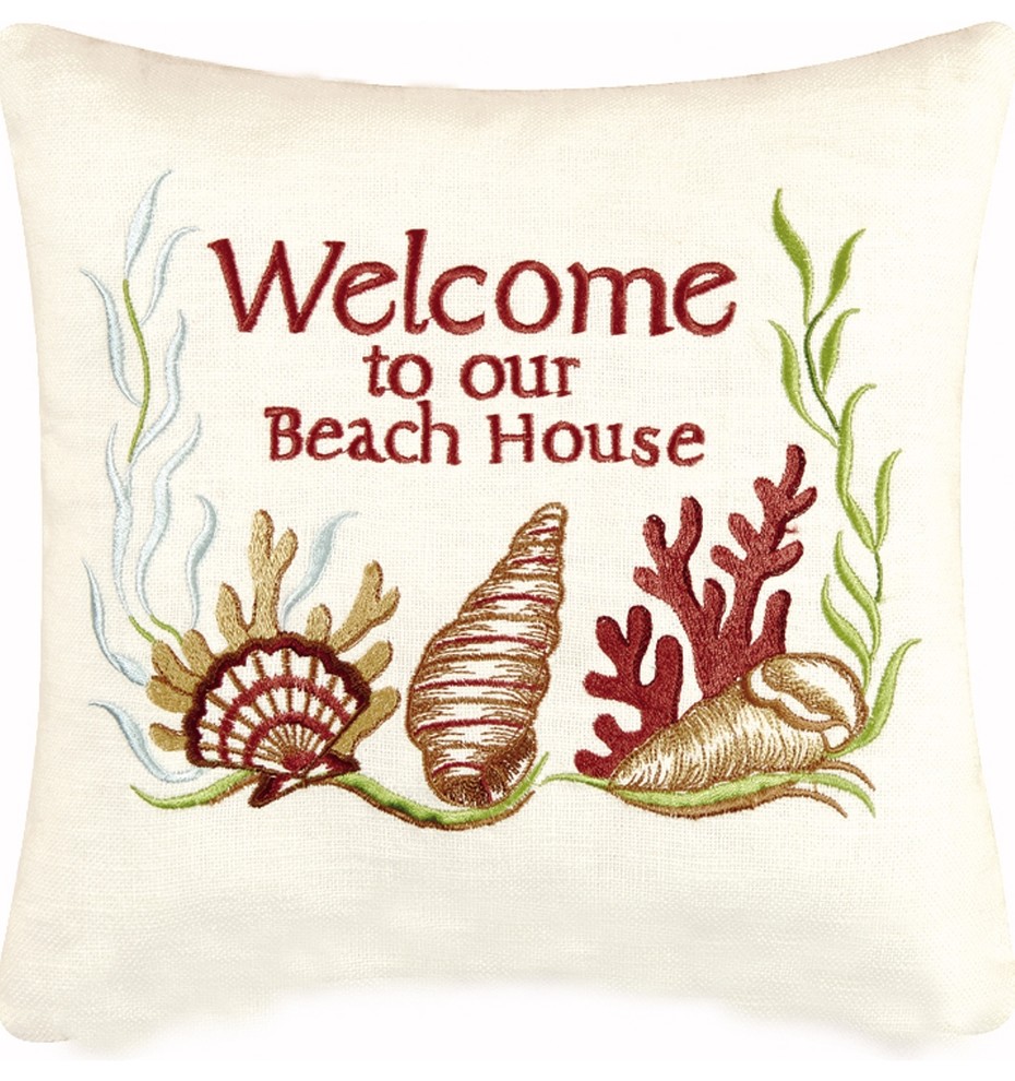 Welcome to Beach House 10 Inch Coastal Seashells Linen Embroidered Accent