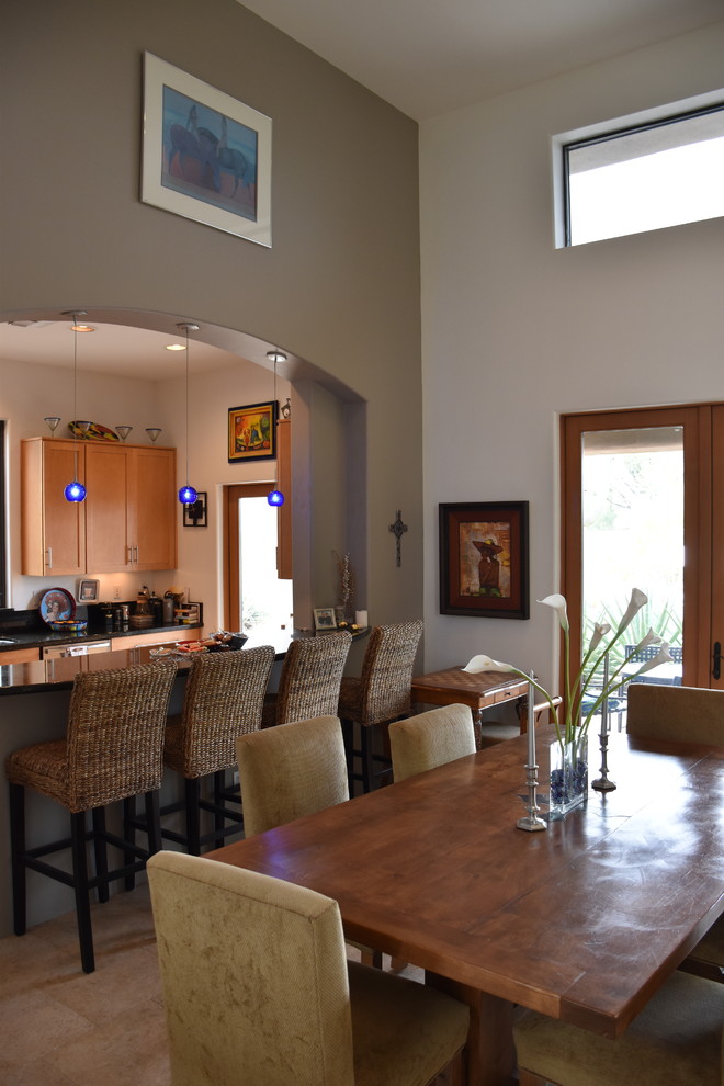 Mid-sized transitional travertine floor and beige floor great room photo in Phoenix with gray walls and no fireplace