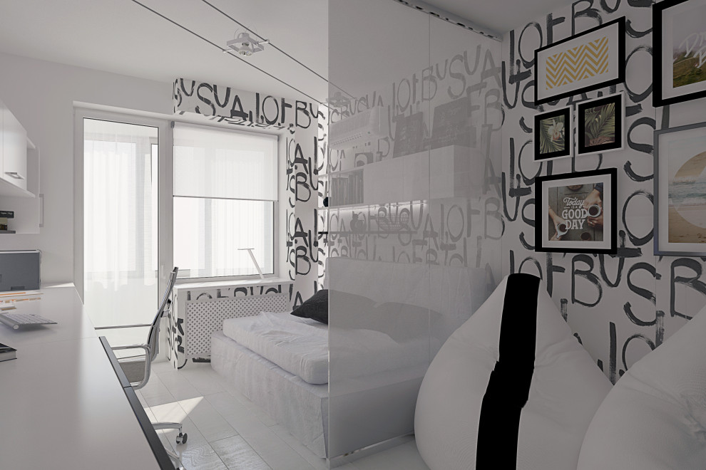Inredning av ett modernt litet barnrum kombinerat med sovrum, med vita väggar, ljust trägolv och vitt golv