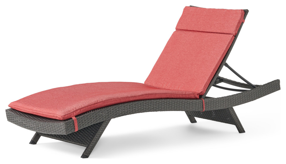 GDF Studio Nassau Outdoor Gray Wicker Adjustable Chaise Lounge, Red Cushion Tropical Outdoor