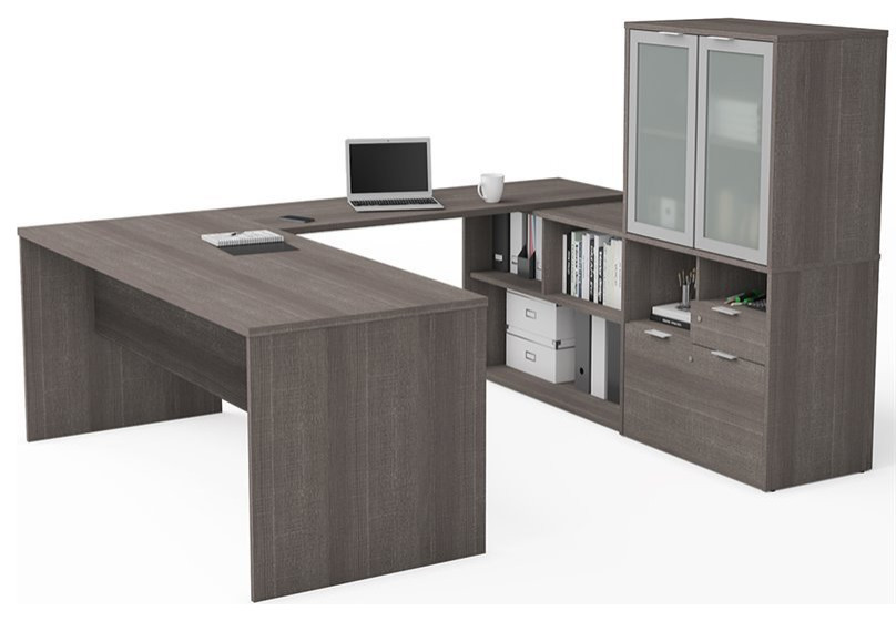 Bestar i3 Plus U Shape Computer Desk with Hutch in Bark Gray