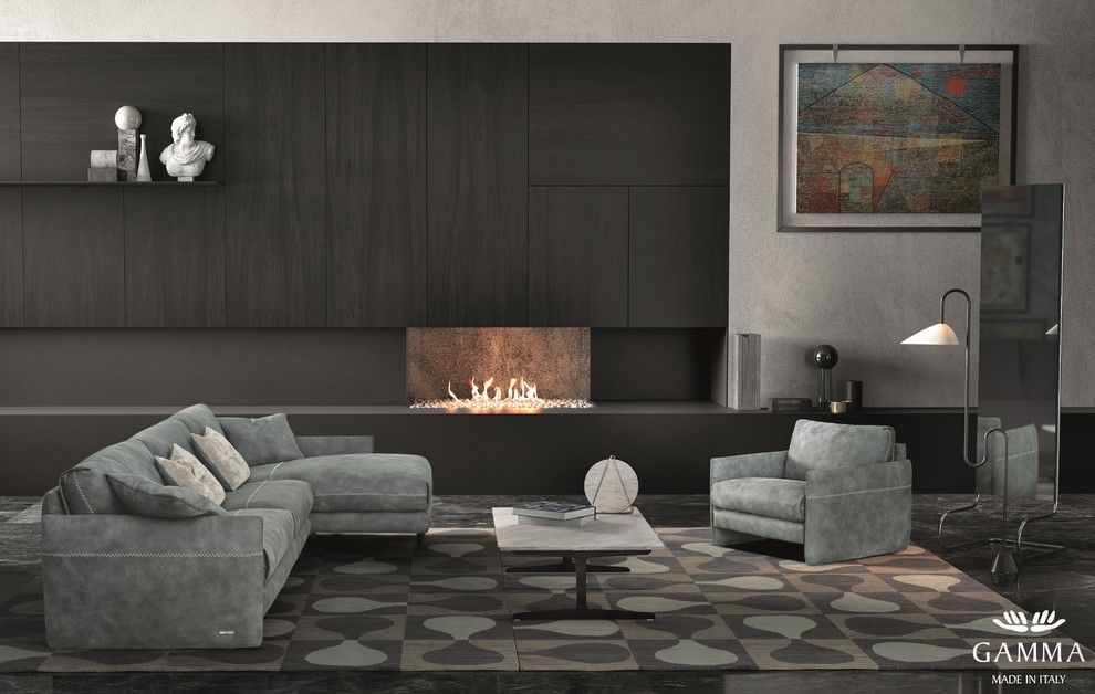 Example of a large minimalist open concept marble floor and black floor family room design in Baltimore with black walls, a standard fireplace, a metal fireplace and no tv