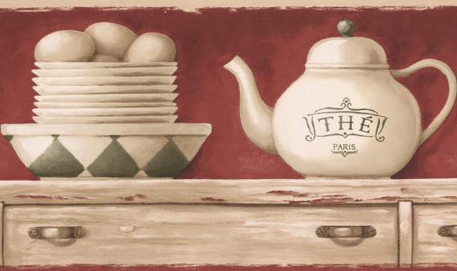 White Kitchen Chest Tea Cup Plate Kettle Ruby Red Wallpaper Border White Kitchen Chest Tea Cup Plate Kettle Ruby Red Wallpaper Border Retro Design Farmhouse By Euro Home Decor