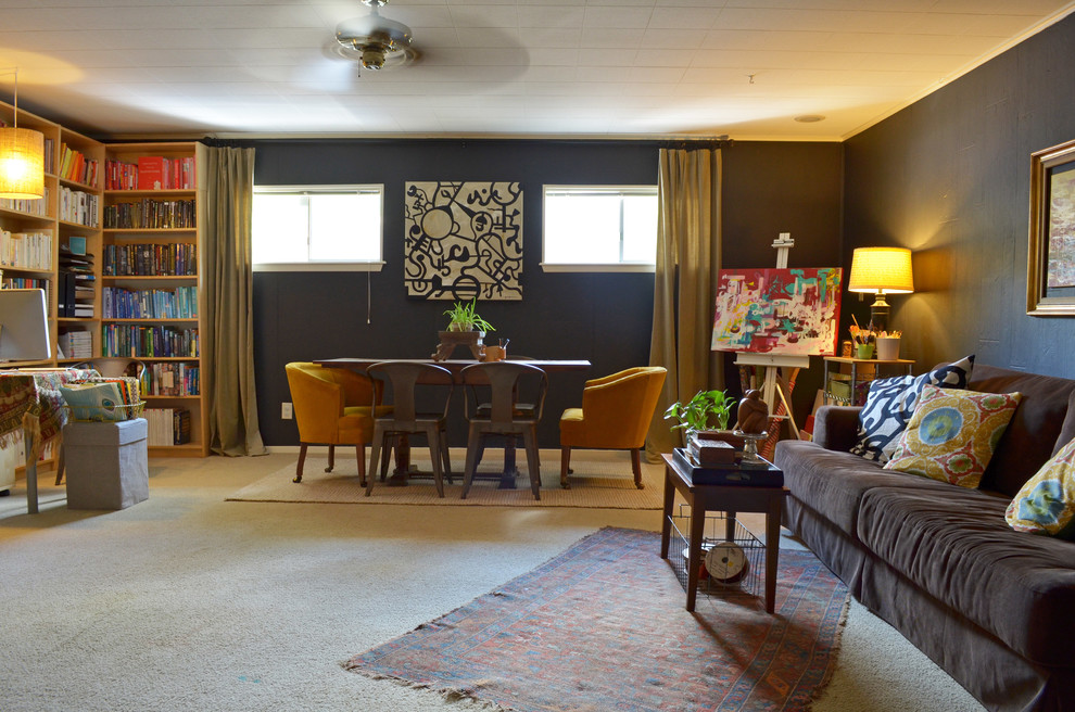 Design ideas for an expansive eclectic home office in Dallas with black walls and carpet.