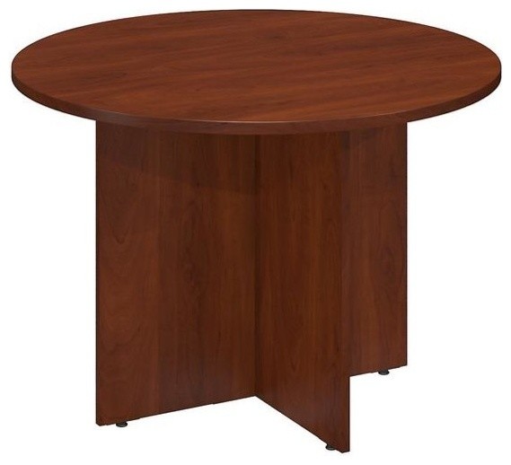 42W Round Conference Table with Wood Base in Platinum Gray Engineered Wood Farmhouse Desks