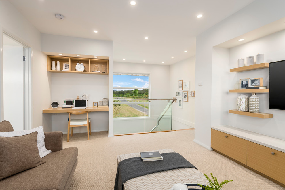 This is an example of a large beach style gender-neutral kids' room in Sydney with white walls, carpet and beige floor.