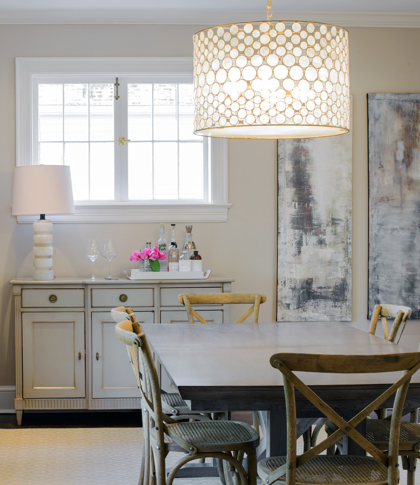 Inspiration for a transitional separate dining room in DC Metro with beige walls and dark hardwood floors.