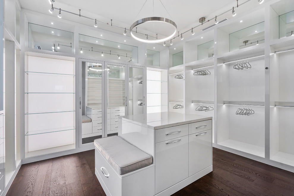 Photo of a large modern gender-neutral dressing room in Miami with flat-panel cabinets, white cabinets, medium hardwood floors and brown floor.