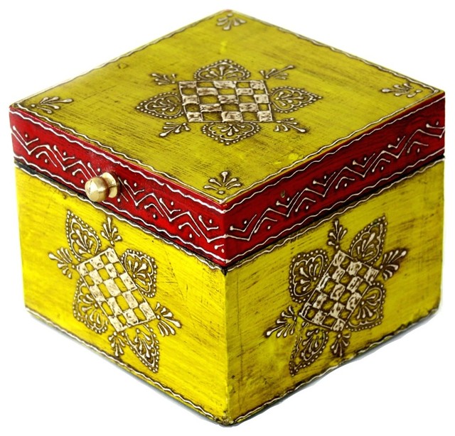 Wooden Hand Painted Jewelry Box in Yellow and Dark Red - Asian